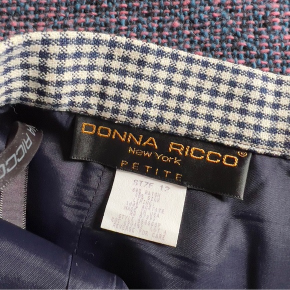 Vtg Donna Ricco Silk Blend Navy White Check Print Skirt Suit - Size 12 - Picture 11 of 12